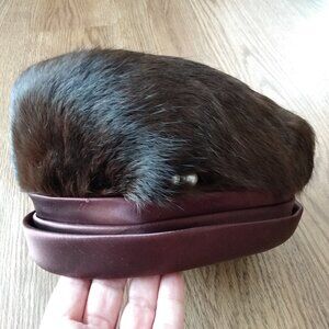 Vintage Fur Hat with Satin Band, Faux Pearl Accent and Union Label